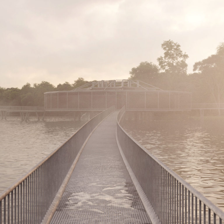 Architekturvisualisierung Hochwassersteg, Masterarbeit Hochwasser Erlebnispfad Altrip, Max Bosch, 2020