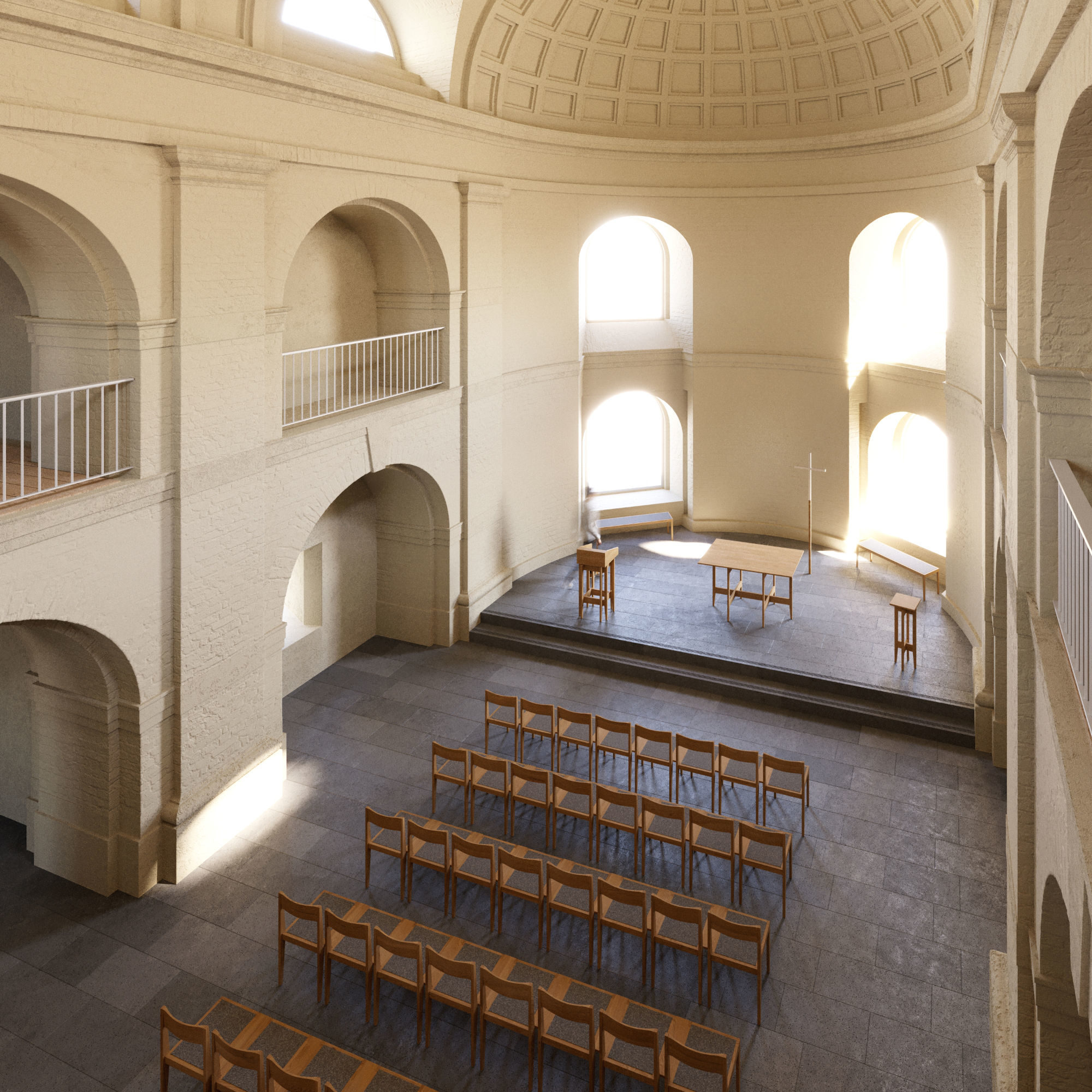 Architekturvisualisierung Festungskirche Ehrenbreitstein, zwo/elf Architekten, Blick von Galerie auf Chormöbel