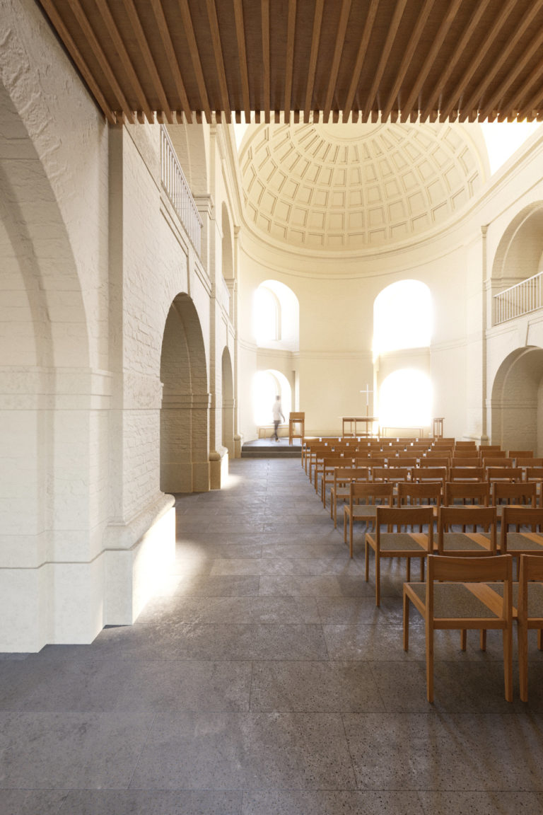 Architekturvisualisierung Festungskirche Ehrenbreitstein, zwo/elf Architekten, Blick von Eingang auf Chormöbel